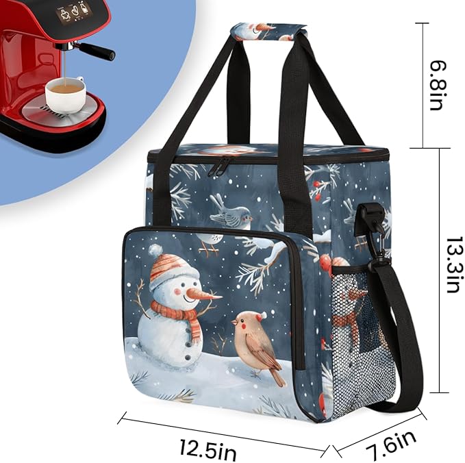Christmas Birds Snowman Coffee Maker Carrying Bag Travel Storage Bag Compatible with K-Mini or K-Mini Plus Single Serve Coffee Brewer Carrying Case with Multiple Pockets &amp Shoulder Strap