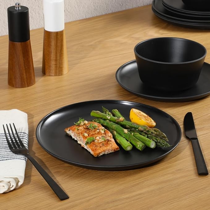12 Piece Melamine Round Dinnerware Set Matte Green Durable Everyday Dish Set for Indoor &amp Outdoor Dining (Black)