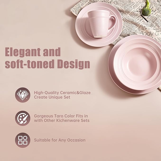 Modern Ceramic Dinnerware Set 4-Piece Mug Bowl and Dinner Plates (Mauve)