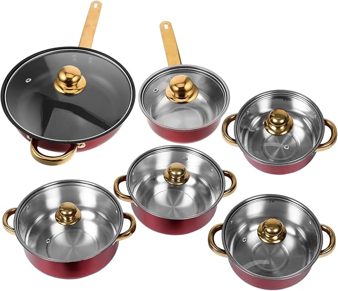 Stainless Steel Cookware Set with Nonstick Surface and Gold Handles Kitchen Pots and Pans for Frying Baking and Cooking Vibrant Wine Red Color Compatible with Multiple Heat Sources
