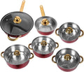 Stainless Steel Cookware Set with Nonstick Surface and Gold Handles Kitchen Pots and Pans for Frying Baking and Cooking Vibrant Wine Red Color Compatible with Multiple Heat Sources