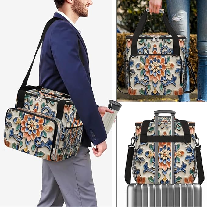 Ceramic Flower Blue Coffee Maker Carring Bag Travel Carrying Storage Tote Bag Compatible with Keurig K-Mini or K-Mini Plus Portable Single Serve Coffee Brewer Case with Pockets for K-cup Pods