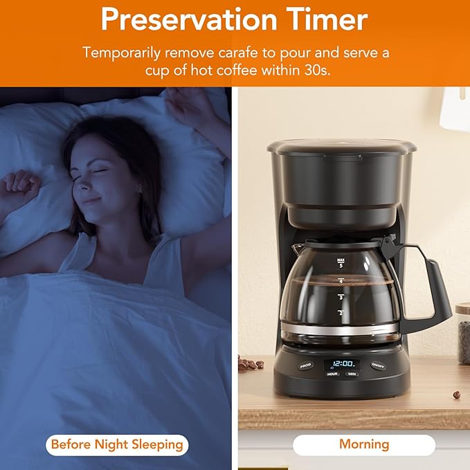 Compact 5-Cup Programmable Drip Coffee Maker — the essential coffee machine with Digital Clock 24-hour Timer Auto Shut-Off and a Removable Filter Basket for Home &amp Office.