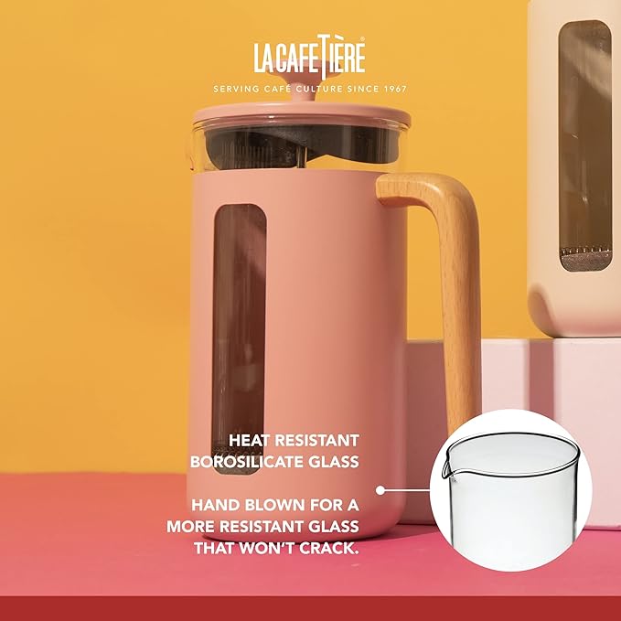 La Cafetière Pisa Cafetière 8-Cup/1L Heat-Resistant Borosilicate Glass and Stainless Steel with Easy-Grip Plunger Large French Press Coffee Maker for Loose Tea and Ground Coffee Pink