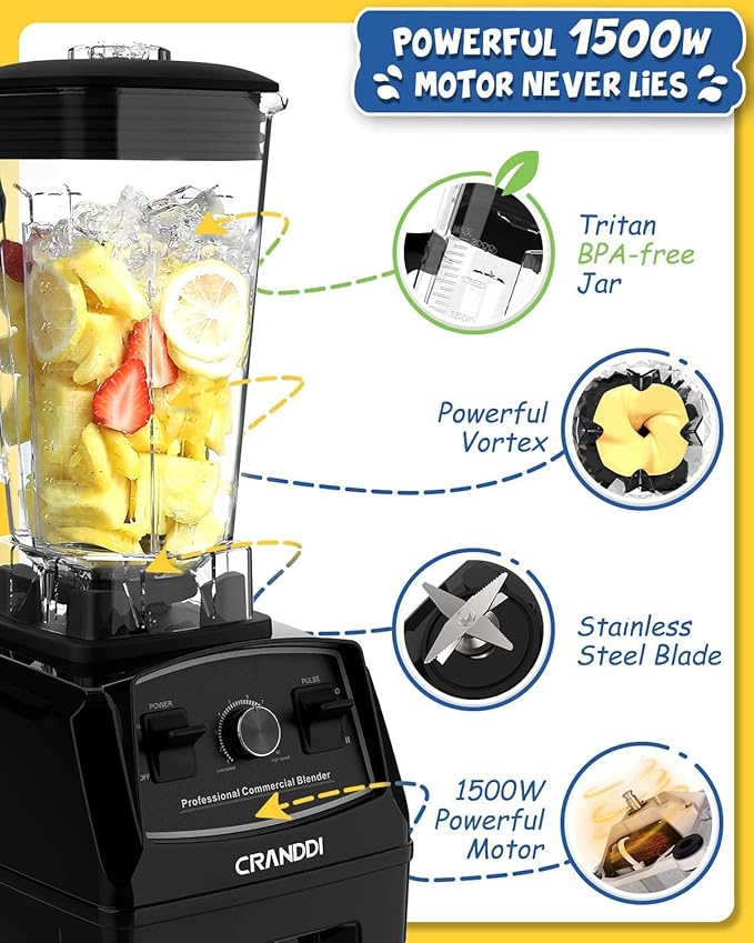 CRANDDI Professional Blender1500 Watt Commercial Blenders for Kitchen with 70oz Capacity and Self-Cleaning Classic Blenders for Shakes and Smoothies Build-in Pulse YL-010-B