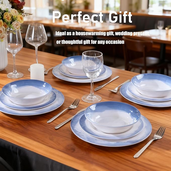 Melamine Dinnerware Sets- 12pcs Melamine Plates and Bowls Set for 4 Suitable for Indoor and Outdoor Use Blue