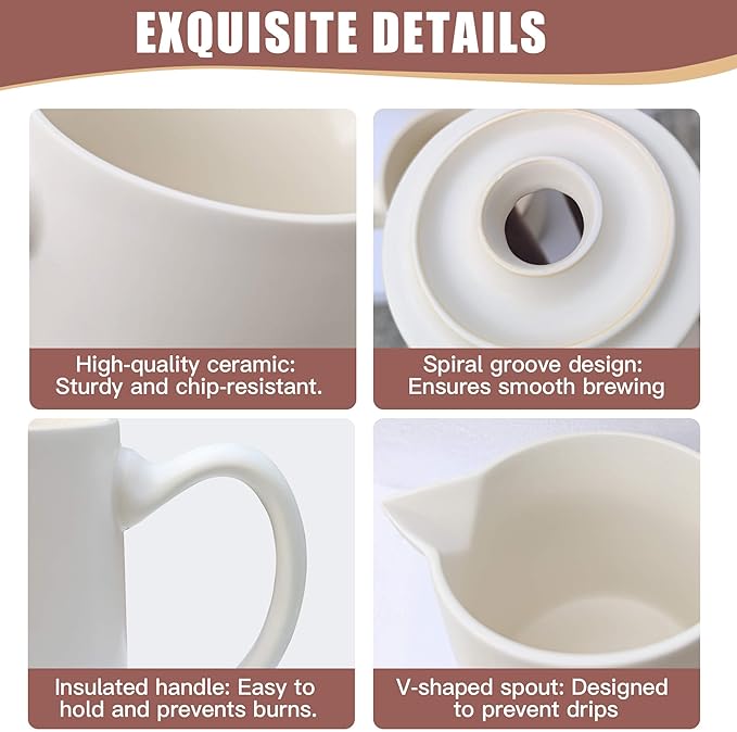 Ceramic Pour Over Coffee Maker Dripper - Uses Standard #2 &amp #4 Paper Filters 450ml/15oz White Barista Style for Home &amp Office