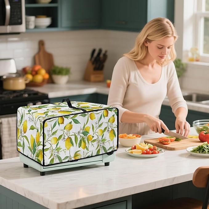 Lemon Flower Toaster Oven Cover Heavy Duty Heat-resistant Protective Case Faux Linen Polyester Protector with Handle &amp Pockets for Everyday Home Kitchens