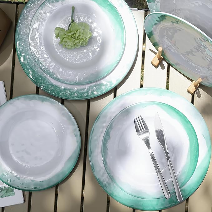 Melamine Dinnerware Sets 12pcs Plates and Bowls Set service for 4 Dishwasher Safe Indoor and Outdoor Use Green Melamine dishes