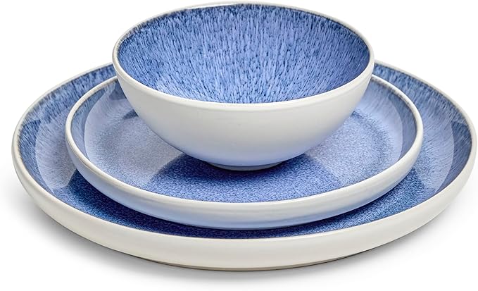 Sango 12-Piece Stoneware Dinnerware Set for 4 Light Blue Reactive Glaze on White Plates and Bowls Sets Kitchen Ceramic Dish Set Modern Dishes for Everyday Dining Microwave &amp Dishwasher Safe C