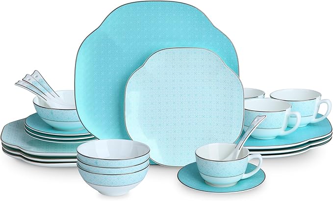 Blue 24 Piece Porcelain DinnerwareBone china set for 4Plates and Bowls Sets With Silver checkered cross pattern Highly Chip &amp Crack Resistant &amp Dishwasher (Light Blue + Checkered Cross)