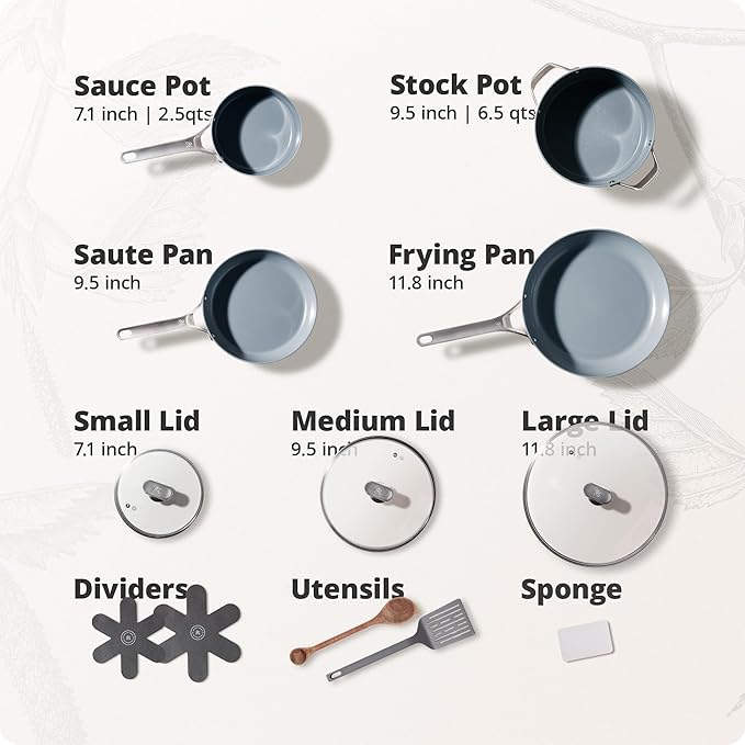 Greater Goods Savvy Ceramic Nonstick Cookware Set (10pc) and Chef Knife (Stainless Steel) Birch White Bundle