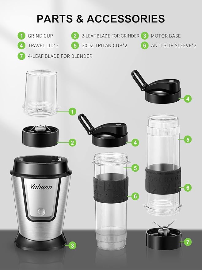 Personal Blender Electric Shake Bottle with 2 x 20oz Travel Bottle and Coffee/Spices Jar Portable Shaker Cups for Protein Shakes 500W Single Serve Blender for Shakes and Smoothies Sports(Black)