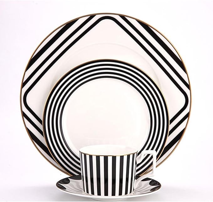 European Style Dinnerware Set Service for 6 Bone China Dinnerware Sets Unbreakable Porcelain Dinner Sets Coffee Cup and Saucer Tableware Set Steak Dinner Plates Dish Set Striped black white-04