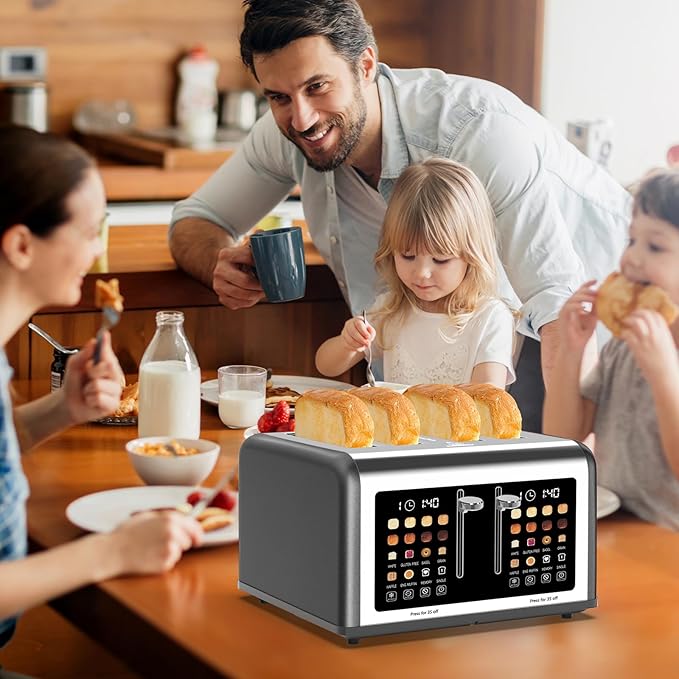 4 Slice Toaster Touch Screen Stainless Steel Toasters Digital Timer Dual Control Panel Toasters 8 Shade Settings 6 Bread Types for Bagel Cancel Defrost 1650W Grey
