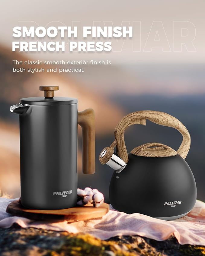 POLIVIAR French Press Coffee Maker 34 Ounce Coffee Press with Real Wood Handle Double Wall Insulation &amp Dual- Filter Screen Food Grade Stainless Steel for Good Coffee and Tea (Vintage)
