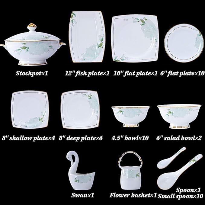 Kitchen Tableware SetCeramics Dinnerware Set 48 Pieces High-end Porcelain Dinner Sets with Soup Pot and Cereal Bowl Bone China Dishware Set for Wedding Banquet