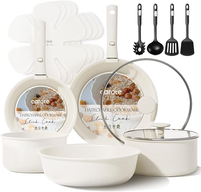 CAROTE 17pcs Pots and Pans Set Nonstick Cookware Set Detachable Handle Induction Kitchen Cookware Sets Non Stick with Removable Handle RV Cookware Set Oven Safe