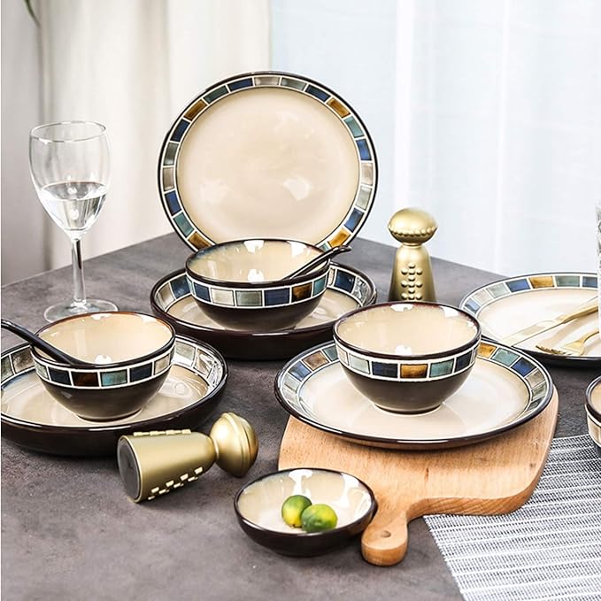 Beautiful 20-Piece Kitchen Dinnerware Set Durable Ceramic Dinner Plate Sets Checkered Pattern Plates Set &amp Dishes Set Plates Dishes Bowls Service for 4 Dishes Dessert Plates