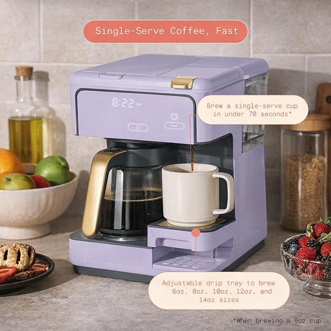 Multi Brew Coffee Maker with Single Serve and Carafe Brewing Options for Countertop Home Use (Lavender)