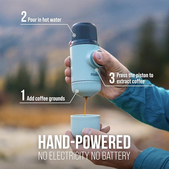 WACACO Nanopresso Portable Espresso Maker Bundled with Protective Case Upgrade Version of Minipresso Mini Travel Coffee Machine Perfect for Camping Travel and Office (New Elements Arctic Blue)