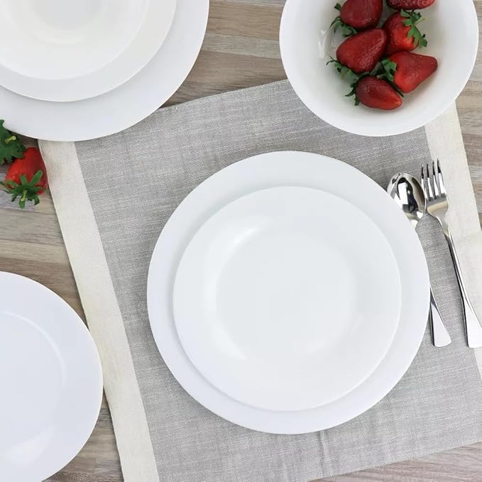 White Shadow 12 Piece Opal Glass Dinnerware Set Break-Resistant Plates and Bowls Service for 4 Microwave and Dishwasher Safe