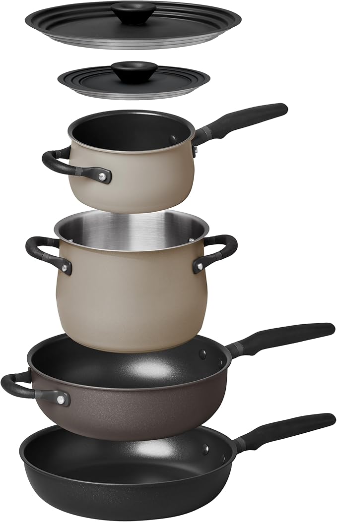 Meyer 6pc Stackable Set with Universal Lids | Hard Anodized Non Stick and Stainless Steel Pots and Pans | Induction Compatible | Dishwasher Safe | Oven Safe | Black &amp Gray | Accent Series Cookware