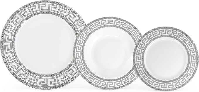 Porcelain 12 Piece Dinnerware Set - Service for 4 - Gorgeous Silver Greek Key Inspired Design - Includes Kitchen Plates Ceramic Dishes Set for 4 (Meander Silver)