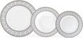 Porcelain 12 Piece Dinnerware Set - Service for 4 - Gorgeous Silver Greek Key Inspired Design - Includes Kitchen Plates Ceramic Dishes Set for 4 (Meander Silver)