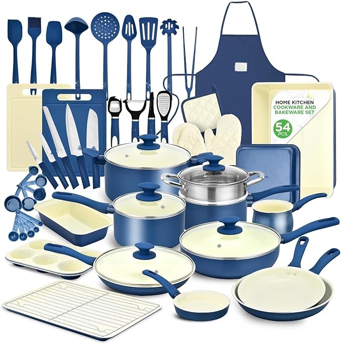 54 Piece Professional Grade Complete Home Kitchen Cookware Set Ceramic Non-Stick Bakeware Pot and Pans Kit Cool-Touch Handles Safe for Gas Electric Induction Cooktops Easy Clean