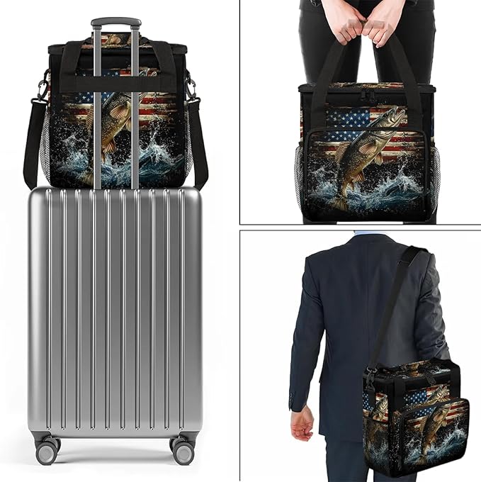 Vintage American Flag Coffee Maker Travel Bag Bass Fish Insulated Grocery Bag Travel Picnic Leakproof Cooler Bags With Shoulder Strap