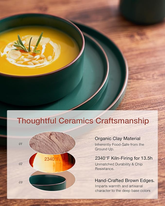 Famiware Nebula Ridge Stoneware Dinnerware Sets Plates and Bowls Sets for 4 12 Pieces Dishes Set Microwave and Dishwasher Safe Kitchen Plates Dark Green