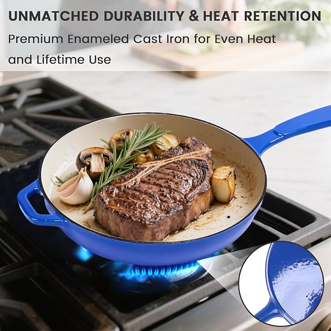 Hisencn Enameled Cast Iron Skillet - Ceramic Coated 8''/9.5''/11'' Fry Pan Set Gas/Induction/Electric/Oven Compatible 3 Size Frying Pans PTFE &amp PFOA Free Cast Iron Ceramic Cookware Cobalt Blu