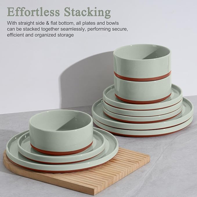 LIANYU 12 Piece Dinnerware Sets for 4 Modern Style Stoneware Dinnerware Set Scratch Resistant Dishwasher Safe Bowl and Plate Sets Ceramic Dish Dinner Set Laurel Green