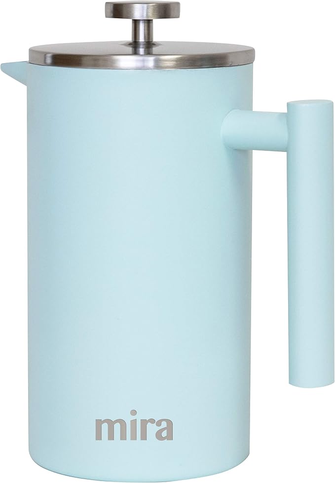 MIRA 20 oz Insulated French Press - Stainless Steel Coffee &amp Tea Maker - Double Wall Temperature Control Brewer Pearl Blue
