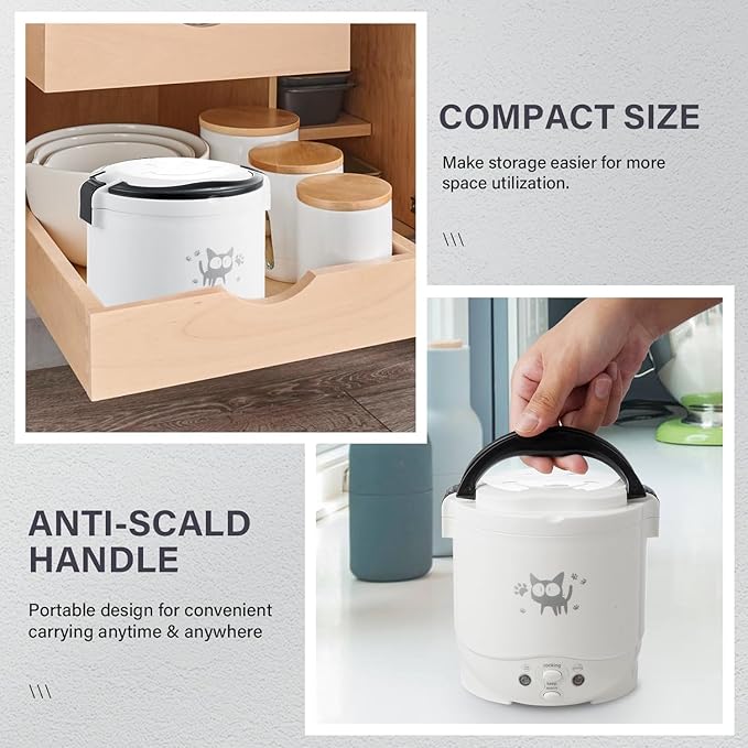 Mini Rice Cooker 12V 100W 1L Portable Electric Multifunctional Rice Cooker Food Steamer Meal Heater Food Warmer for Travel (White)