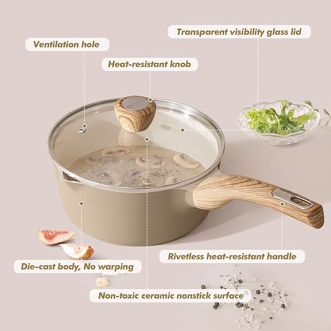 SENSARTE Ceramic Nonstick Sauce Pan with Lid 1.5 Quart Small Saucepan Cooking Pot with Stay Cool Handle Non toxic Kitchen Sauce Pot Non stick Saucier Pan Induction Pot PFOA PTFE PFAS PFOA Free