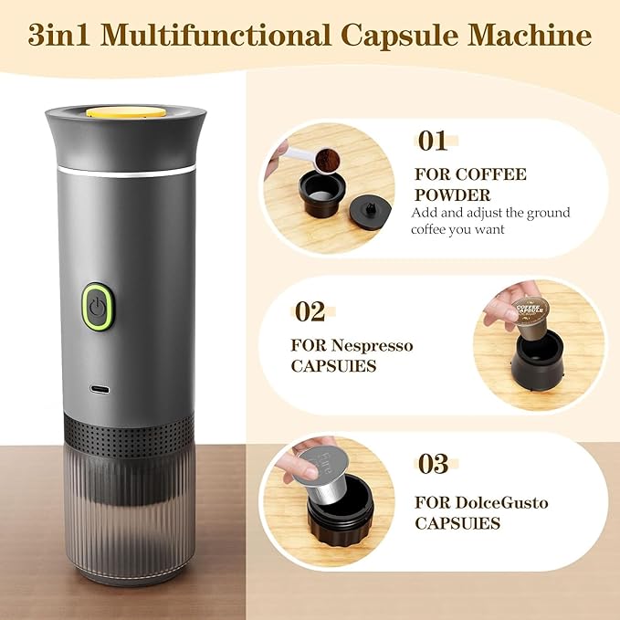 CAFFETTO - Portable 3-in-1 Coffee Maker (Capsule &amp Ground) - USB-C self-heating espresso machine - 20-bar pump pressure 7500mAh battery - One-touch operation detachable parts - Grey