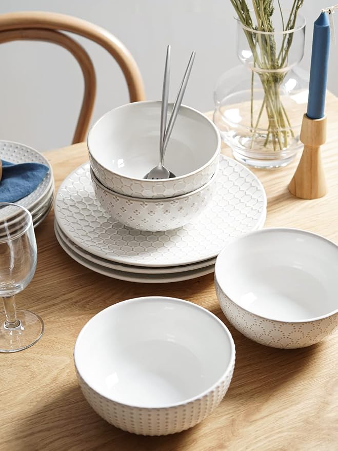 LE TAUCI Dinnerware Sets 12 PCS Ceramic Plates and Bowls Set Suit For Housewarming (10 Dinner Plate + 8 Salad Dish + 26 oz Cereal Bowl) x 4 Oven safe - Arctic White