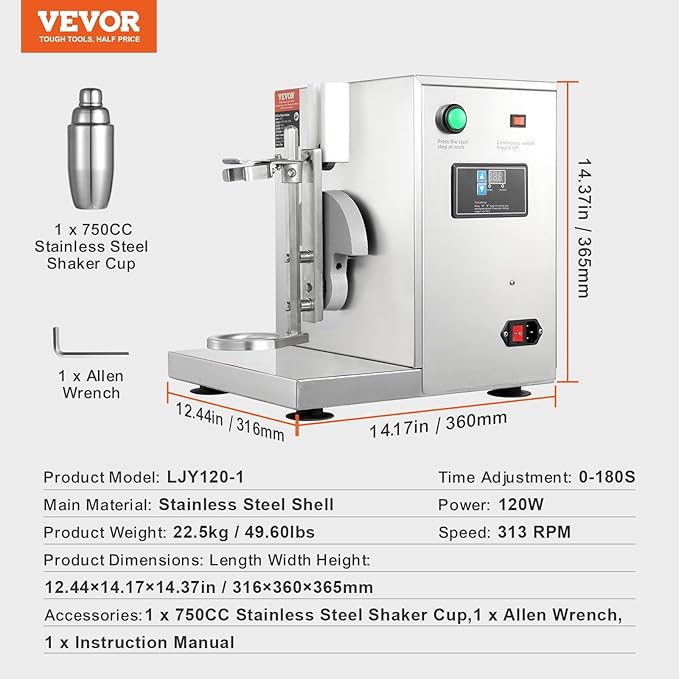 VEVOR Milk Tea Shaker Electric Milk Tea Maker Machine 0-180s Adjustable Milk Tea Shake Mixer Machine with 750ML Stainless Steels Cup for Bubble Tea Boba Tea Juice Coffee Milk Wine