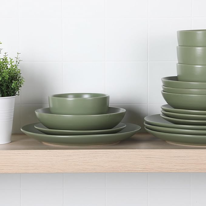 Gibson Home Queenslane 16-Piece Matte Green Stoneware Dinnerware Set – Double Bowl Plates and Bowls Durable Kitchen Dinner Set