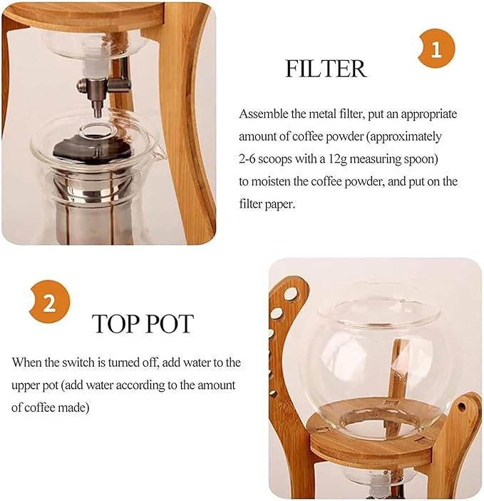 Wooden Support Drip Coffee Maker 800ML/27OZ Iced Coffee Brewer Maker with Stainless Steel Filter &amp Durable Glass Adjustable Water Flow Dripper 6-8 Cup Capacity Suit for Coffee Tea
