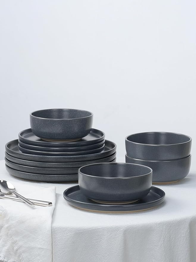 Famiware Milkyway Plates and Bowls Set 12 Pieces Dinnerware Sets and 4 Pieces Pasta Bowls Double Reactive Glaze Sturdy &amp Stackable Stoneware Dishes Set for 4 Matte Dark Charcoal