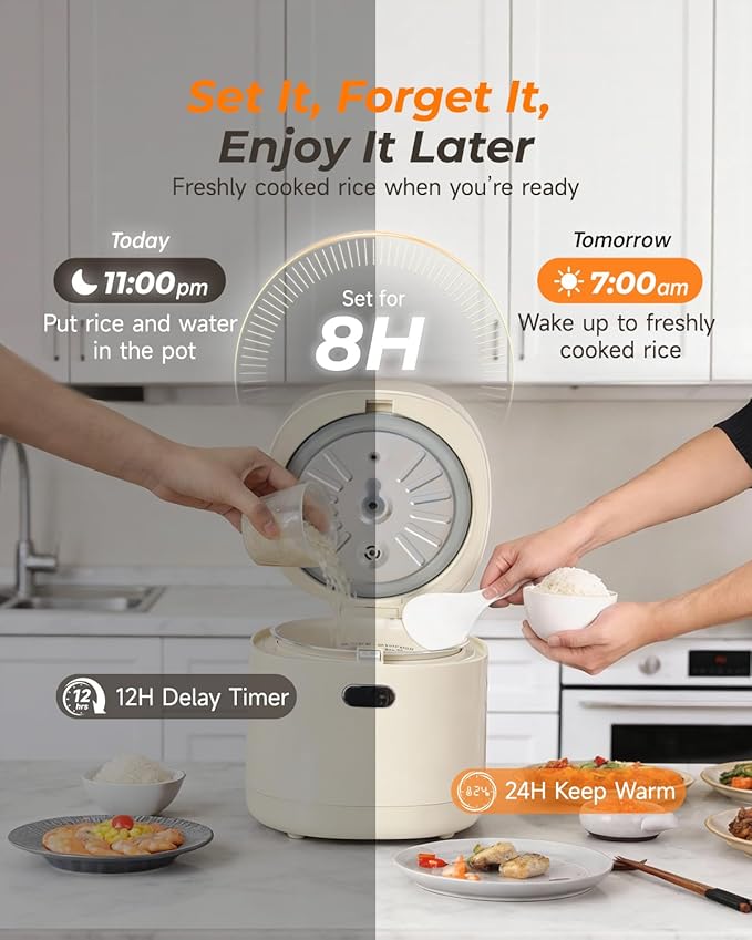 Feekaa Rice Cooker Small 3-Cup Uncooked / 6-Cup Cooked Compact Mini Rice Cooker Small Kitchen with Ceramic Coated Inner Pot Rice Maker with 6 Menu Options Low Temperature Cooking 12H Delay Timer