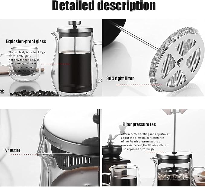Press Coffee Maker Coffee Press CaffettiereCoffee Maker French Press Coffee Maker French Press Coffee MakerDouble Wall Borosilicate Glass 304 Stainless Steel Filtration System Clear Coffee Press