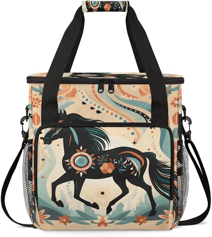 Abstract Horse Coffee Maker Carrying Bag Boho Horse Travel Storage Bag Compatible with K-Mini or K-Mini Plus Single Serve Coffee Brewer Carrying Case with Multiple Pockets &amp Shoulder Strap