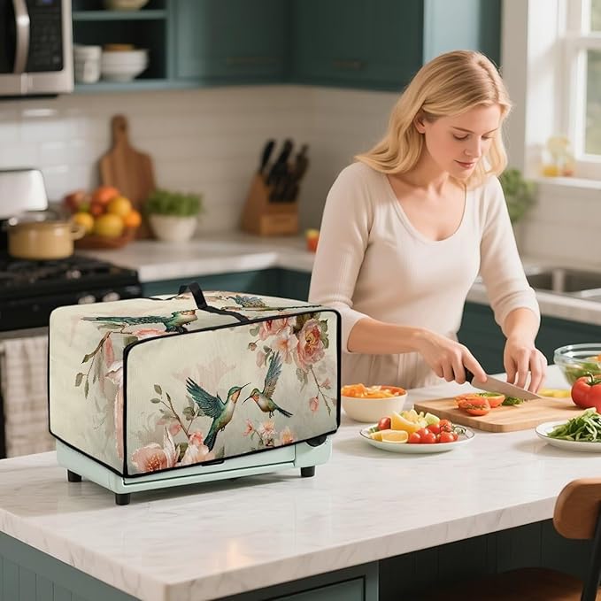 Toaster Oven Cover Heavy Duty Heat-resistant Protective Case Faux Linen Polyester Protector with Handle &amp Pockets for Home Kitchens Hummingbird Cherry Blossom