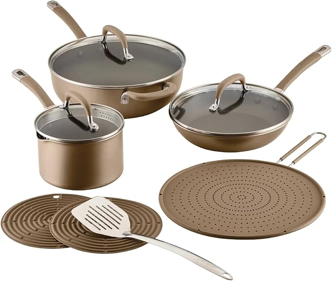 Circulon A1 Series with ScratchDefense Technology Nonstick Induction Pots and Pans Metal Utensil Safe Includes Splatter Guard Slotted Turner and Silicone Trivets 10 Piece Cookware Set - Champagne
