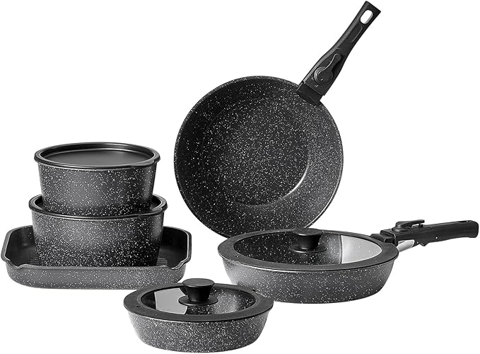 VEVOR 17 Piece Pots and Pans Set Granite Nonstick Detachable Handle Cookware Space Saving Induction Cookwares Kitchen RV Cooking Sets with Frying Sauce Saute Tempered Glass Lid Oven Safe Black