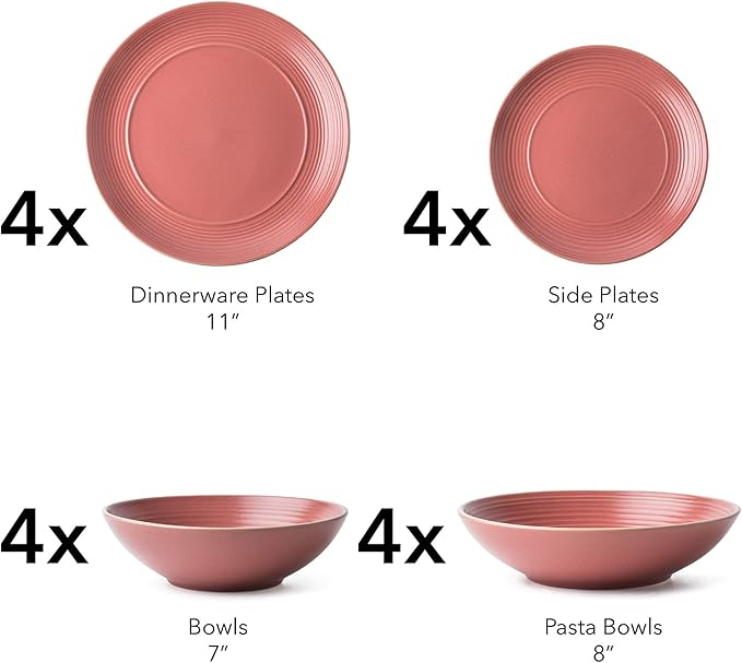 RINGAR Round Stoneware 16pc Double Bowl Dinnerware Set for 4 Dinner Plates Side Plates Cereal Bowls Pasta Bowls - Speckle Matte Red (395438)
